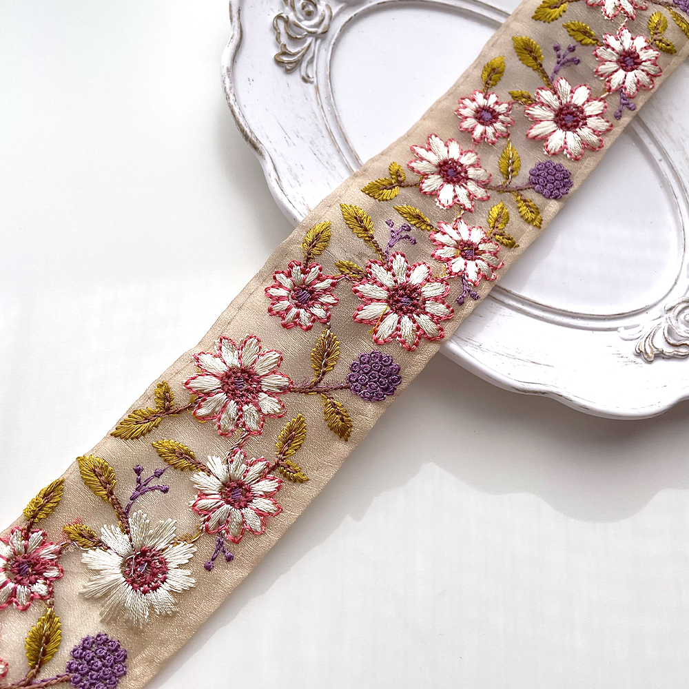 664 【 幅：4.5cm 】 インド刺繍リボン　ベージュ　オーガンジー　ピンク　パープル