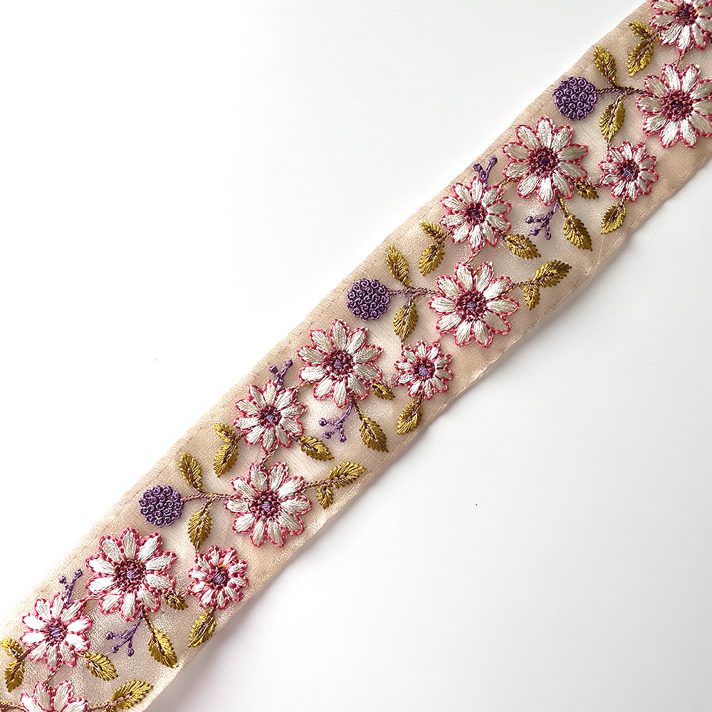 664 【 幅：4.5cm 】 インド刺繍リボン　ベージュ　オーガンジー　ピンク　パープル