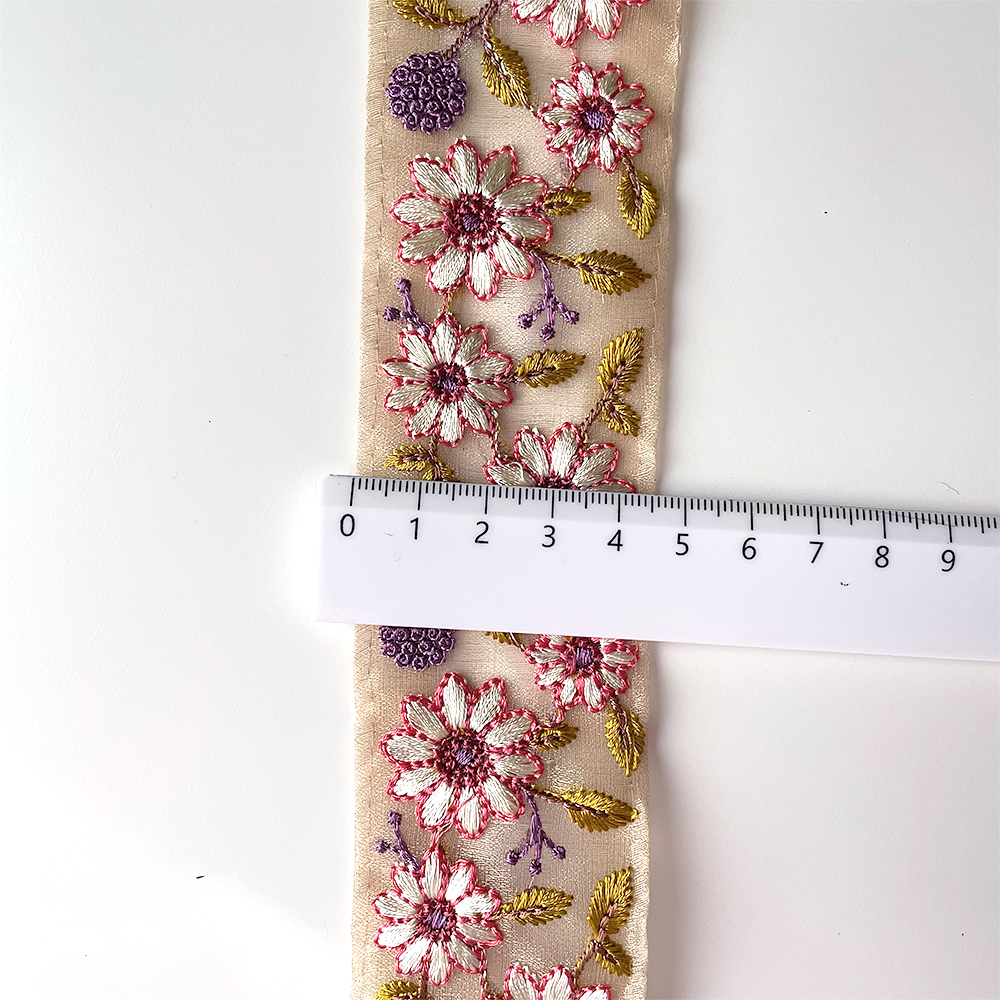 664 【 幅：4.5cm 】 インド刺繍リボン　ベージュ　オーガンジー　ピンク　パープル