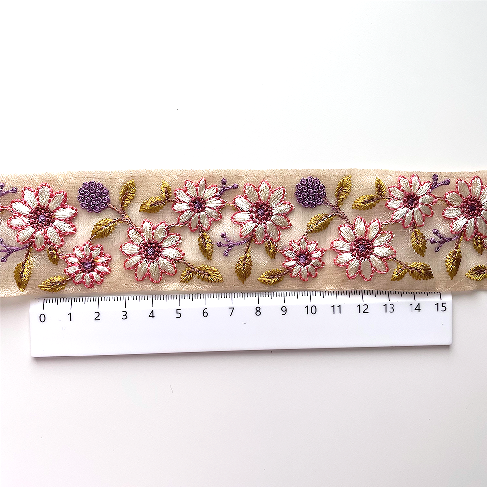 664 【 幅：4.5cm 】 インド刺繍リボン　ベージュ　オーガンジー　ピンク　パープル