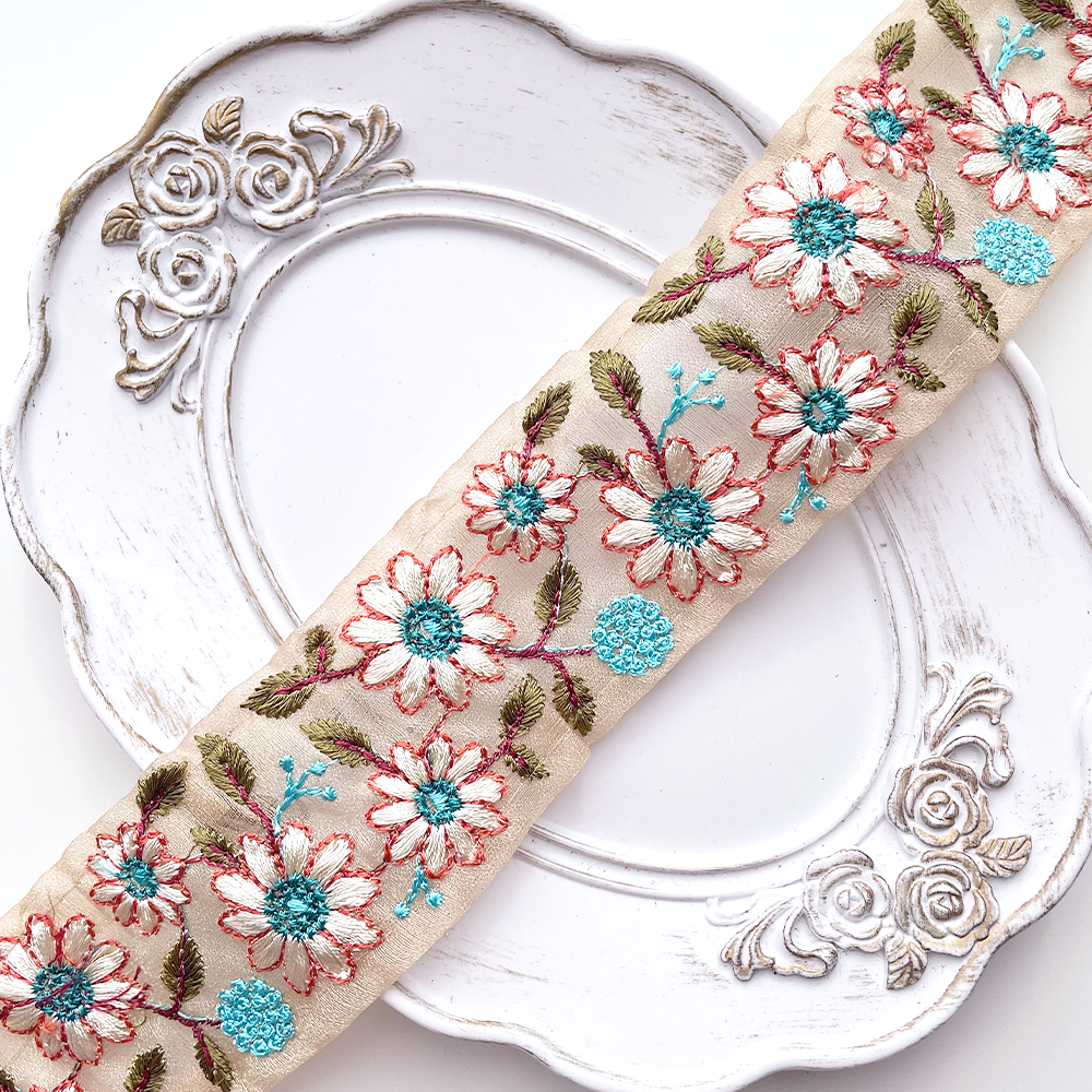 665 【 幅：4.5cm 】 インド刺繍リボン　ベージュ　オーガンジー　オレンジ　ペパーミントブルー