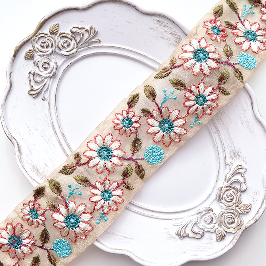 665 【 幅：4.5cm 】 インド刺繍リボン　ベージュ　オーガンジー　オレンジ　ペパーミントブルー