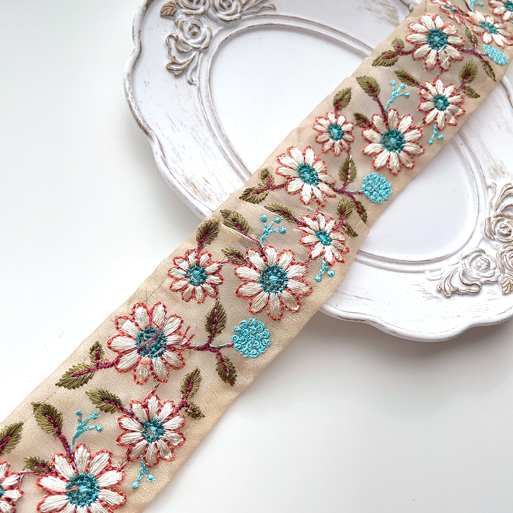 665 【 幅：4.5cm 】 インド刺繍リボン　ベージュ　オーガンジー　オレンジ　ペパーミントブルー