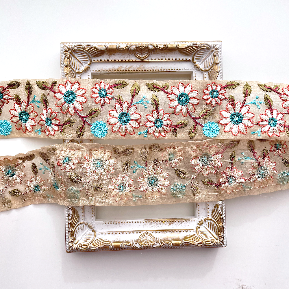 665 【 幅：4.5cm 】 インド刺繍リボン　ベージュ　オーガンジー　オレンジ　ペパーミントブルー