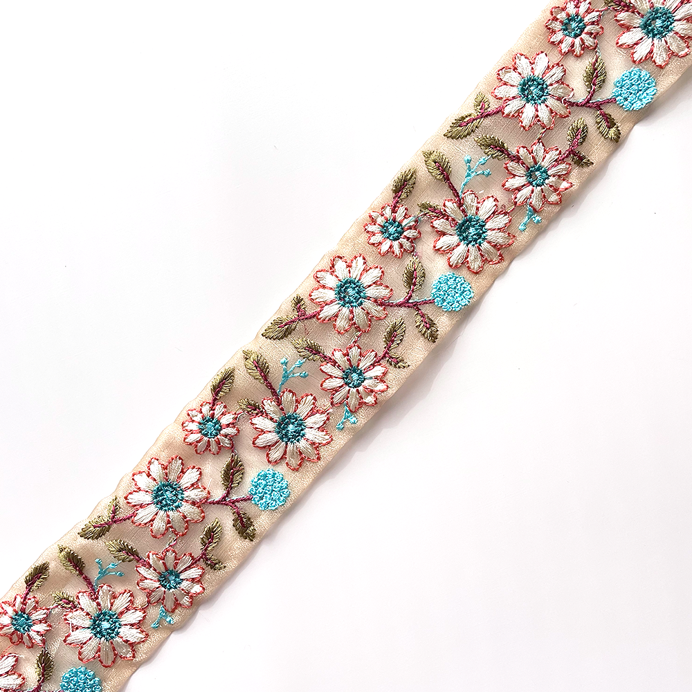 665 【 幅：4.5cm 】 インド刺繍リボン　ベージュ　オーガンジー　オレンジ　ペパーミントブルー