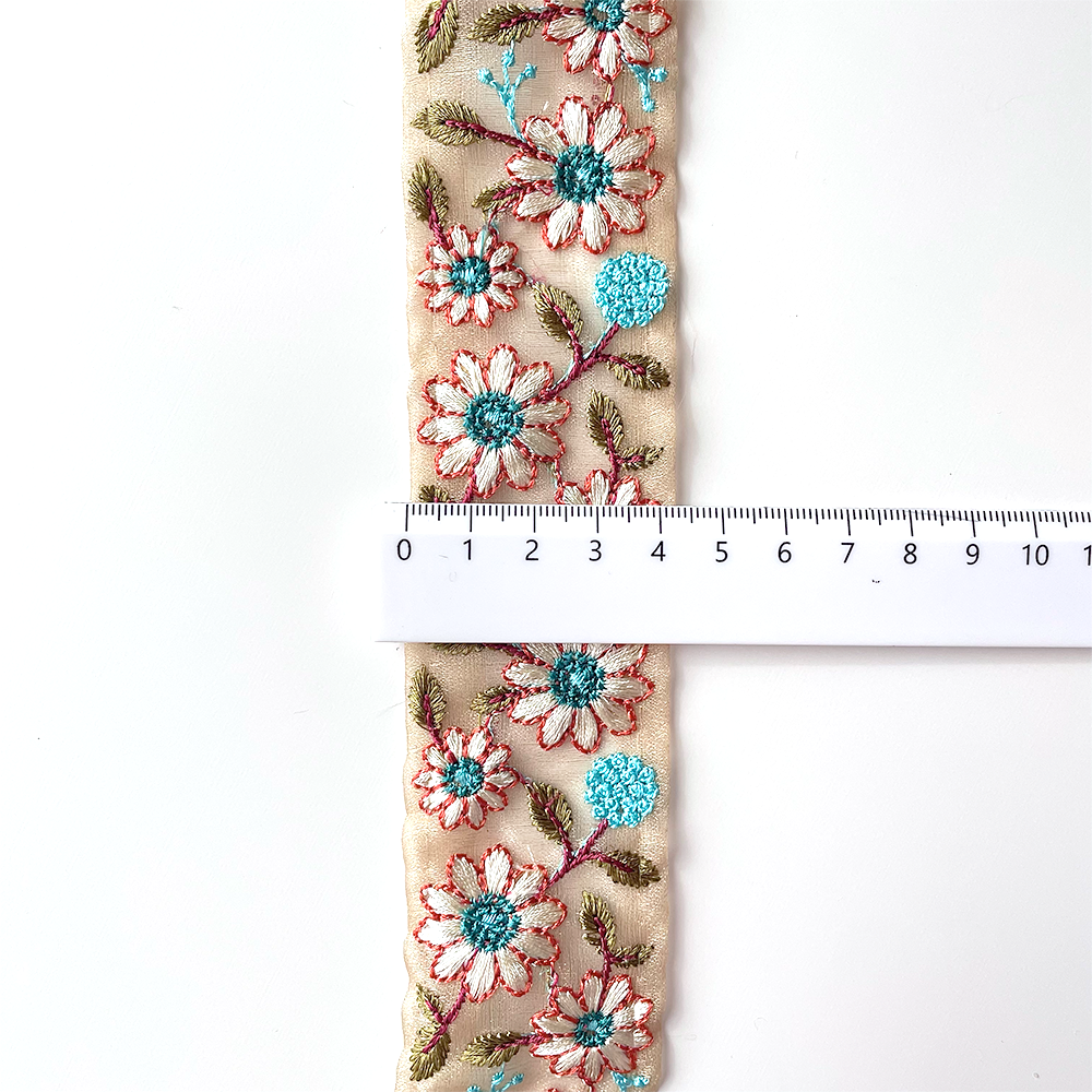 665 【 幅：4.5cm 】 インド刺繍リボン　ベージュ　オーガンジー　オレンジ　ペパーミントブルー