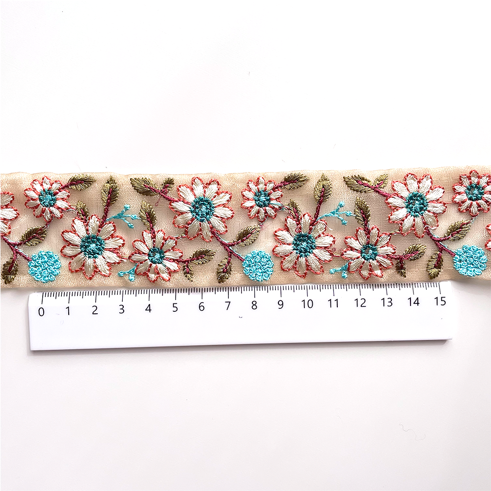 665 【 幅：4.5cm 】 インド刺繍リボン　ベージュ　オーガンジー　オレンジ　ペパーミントブルー