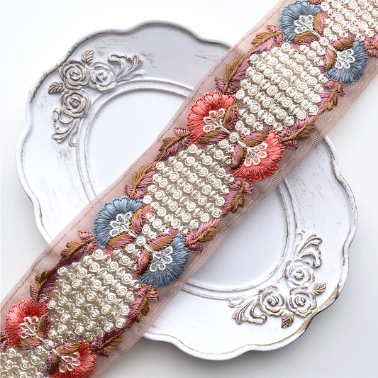 685 【 幅：5.5cm 】 インド刺繍リボン　ピンク　チュール　ピンク　ブルー　ホワイト