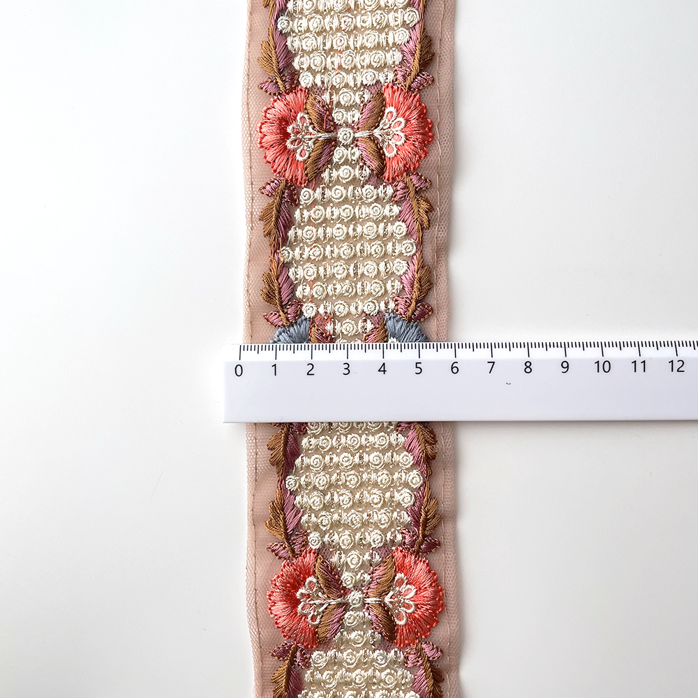 685 【 幅：5.5cm 】 インド刺繍リボン　ピンク　チュール　ピンク　ブルー　ホワイト