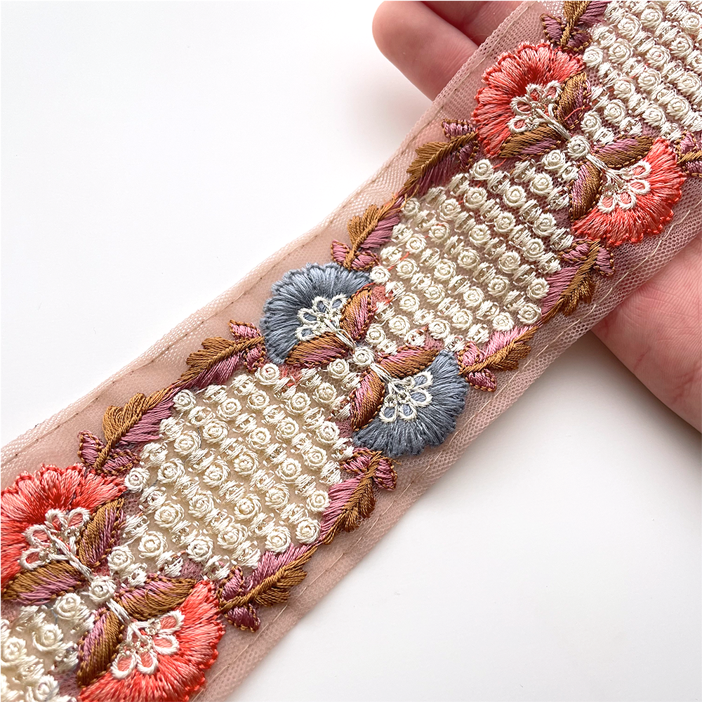 685 【 幅：5.5cm 】 インド刺繍リボン　ピンク　チュール　ピンク　ブルー　ホワイト