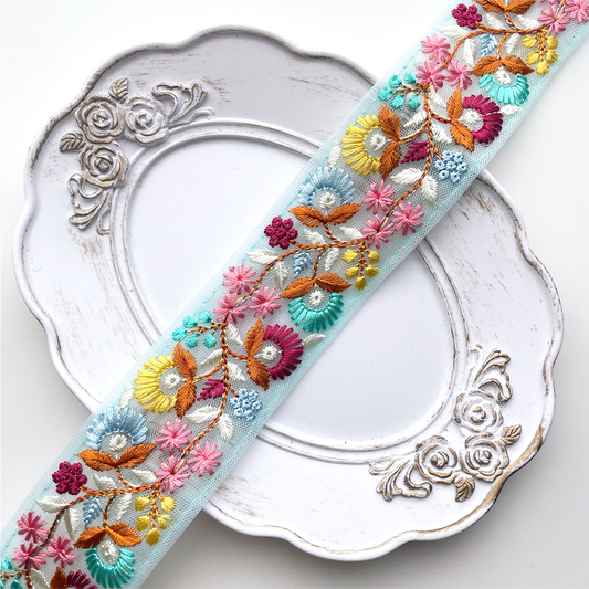 690 【 幅：4cm 】 インド刺繍リボン　ライトブルー　チュール　イエロー　レッド　オレンジ