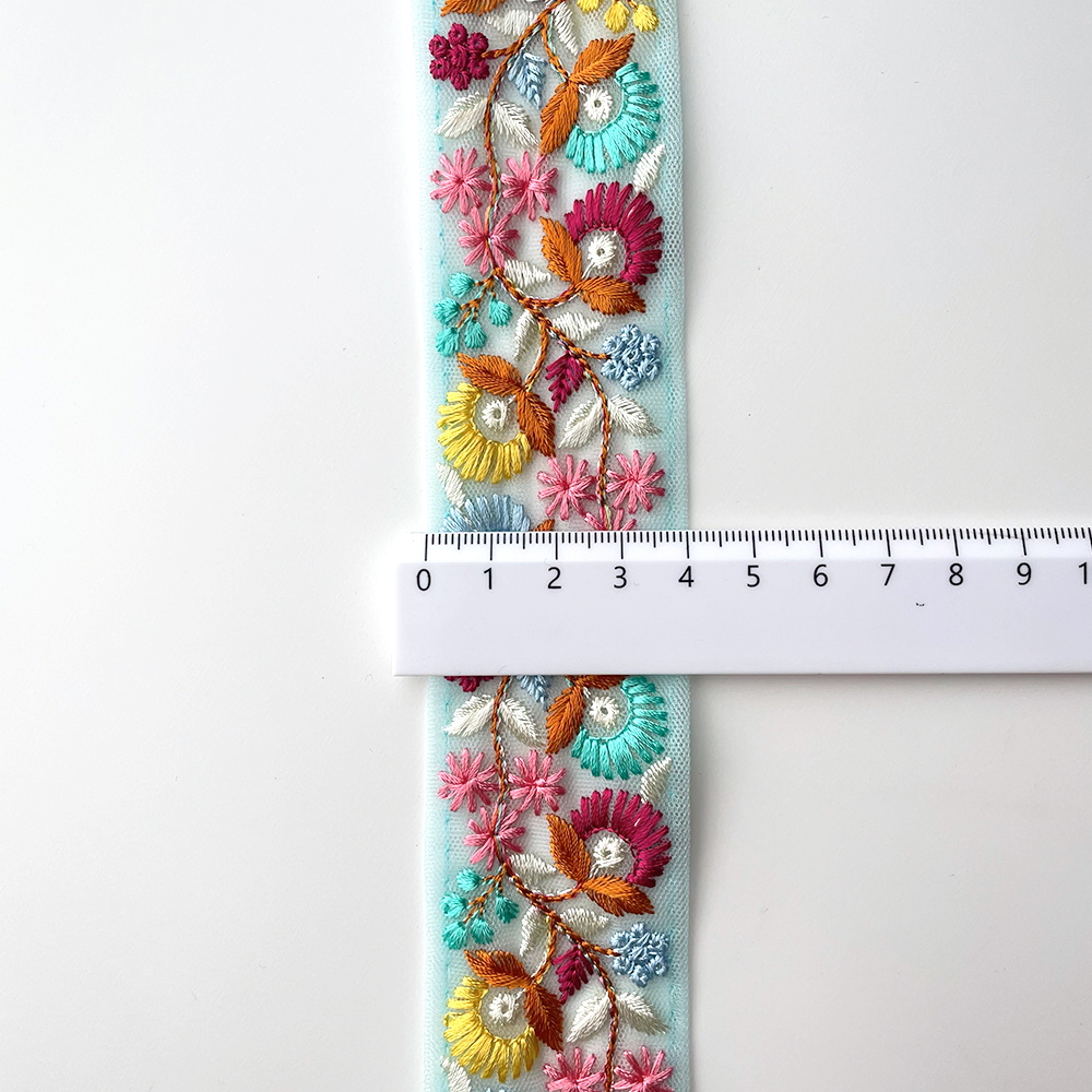 690 【 幅：4cm 】 インド刺繍リボン　ライトブルー　チュール　イエロー　レッド　オレンジ