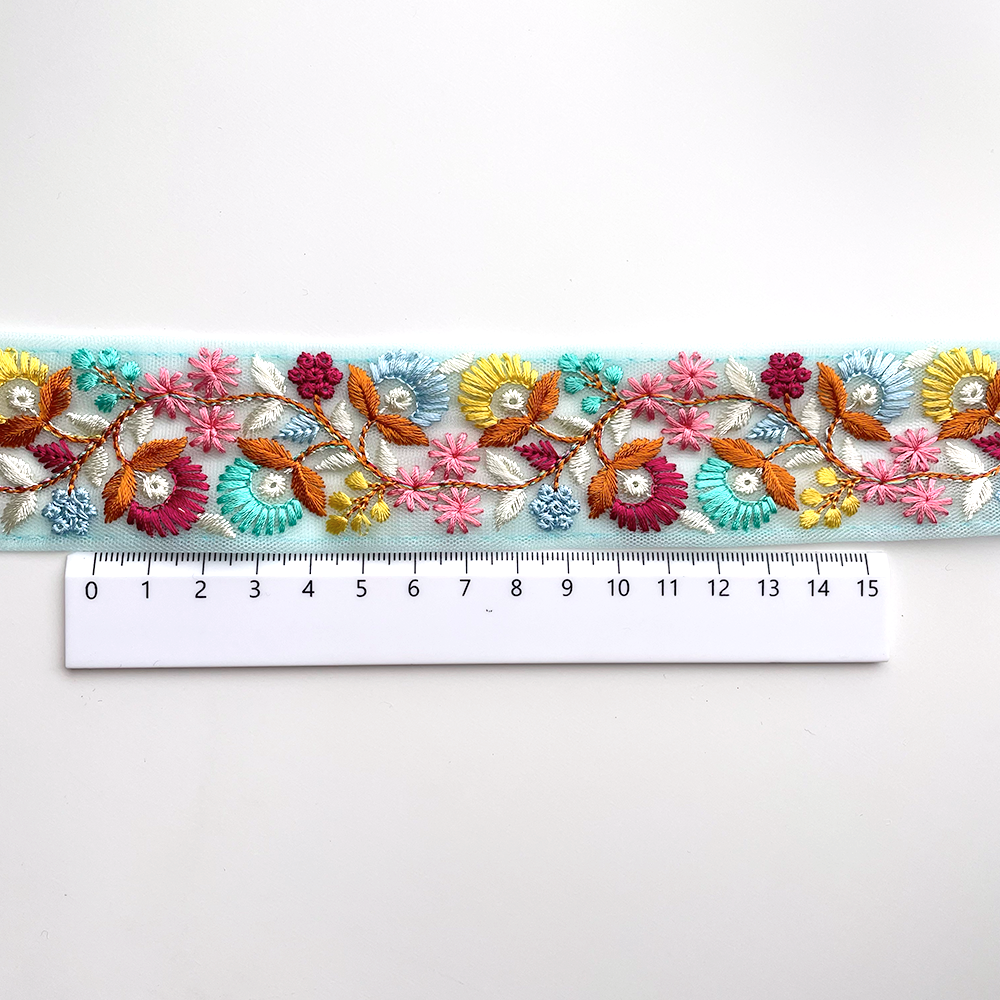 690 【 幅：4cm 】 インド刺繍リボン　ライトブルー　チュール　イエロー　レッド　オレンジ