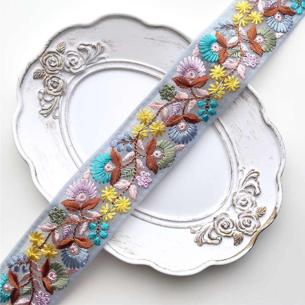 691 【 幅：4cm 】 インド刺繍リボン　ブルー　チュール　イエロー　ピンク　グリーン