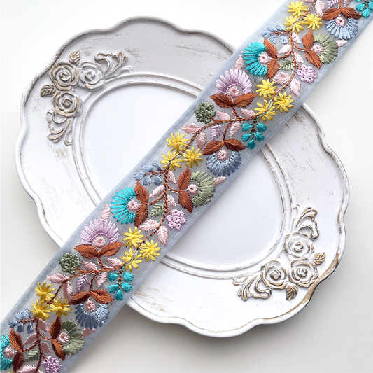 691 【 幅：4cm 】 インド刺繍リボン　ブルー　チュール　イエロー　ピンク　グリーン