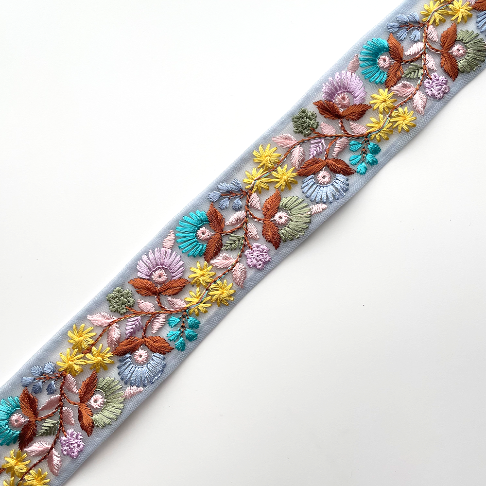 691 【 幅：4cm 】 インド刺繍リボン　ブルー　チュール　イエロー　ピンク　グリーン