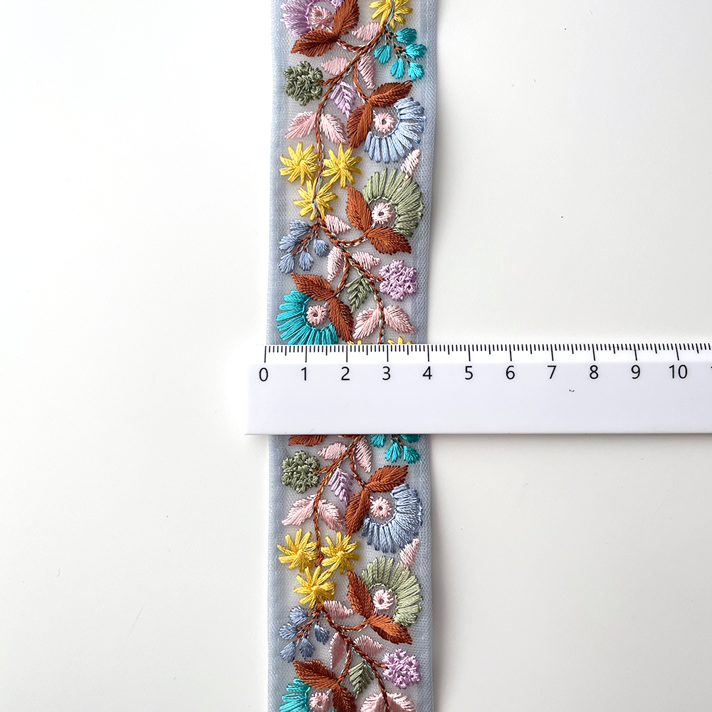 691 【 幅：4cm 】 インド刺繍リボン　ブルー　チュール　イエロー　ピンク　グリーン