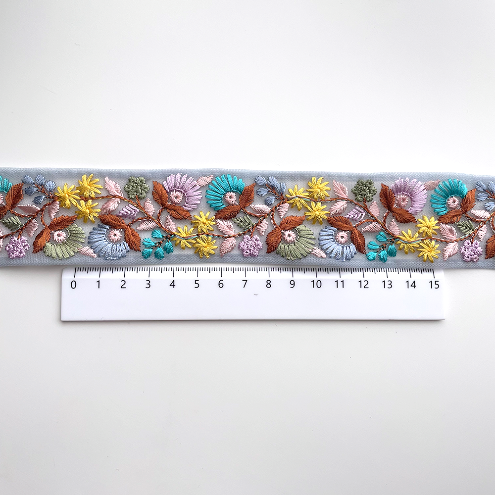 691 【 幅：4cm 】 インド刺繍リボン　ブルー　チュール　イエロー　ピンク　グリーン