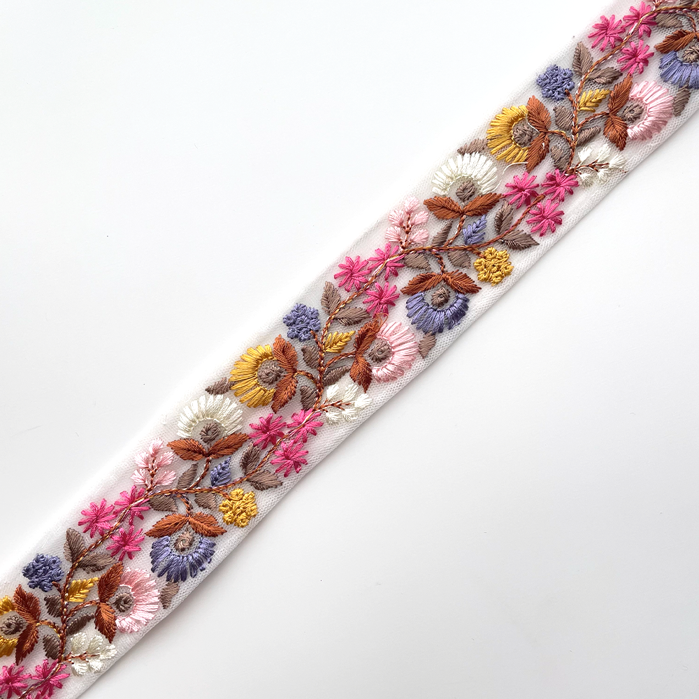 694 【 幅：4cm 】 インド刺繍リボン　ホワイト　チュール　ブルー　ピンク　イエロー