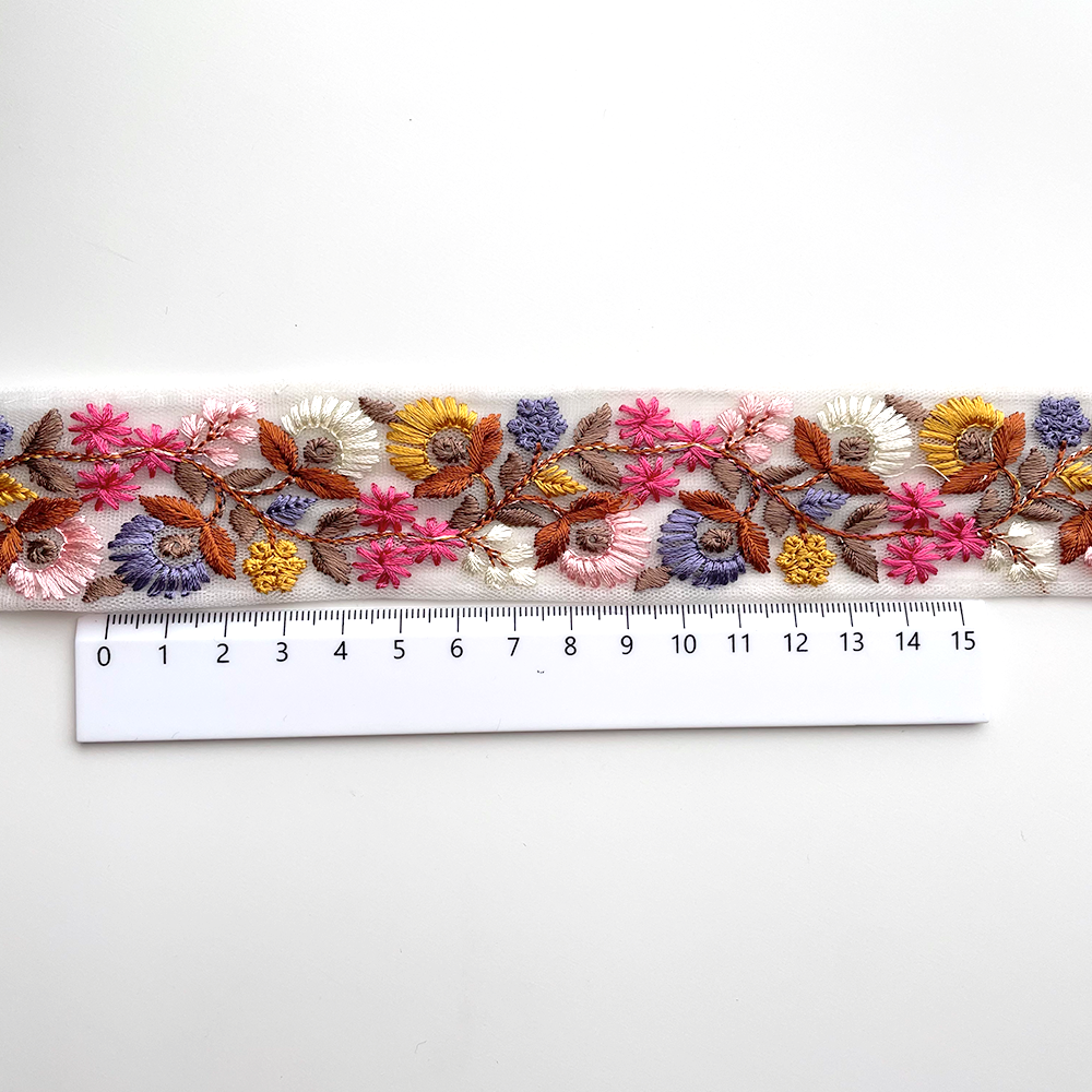 694 【 幅：4cm 】 インド刺繍リボン　ホワイト　チュール　ブルー　ピンク　イエロー