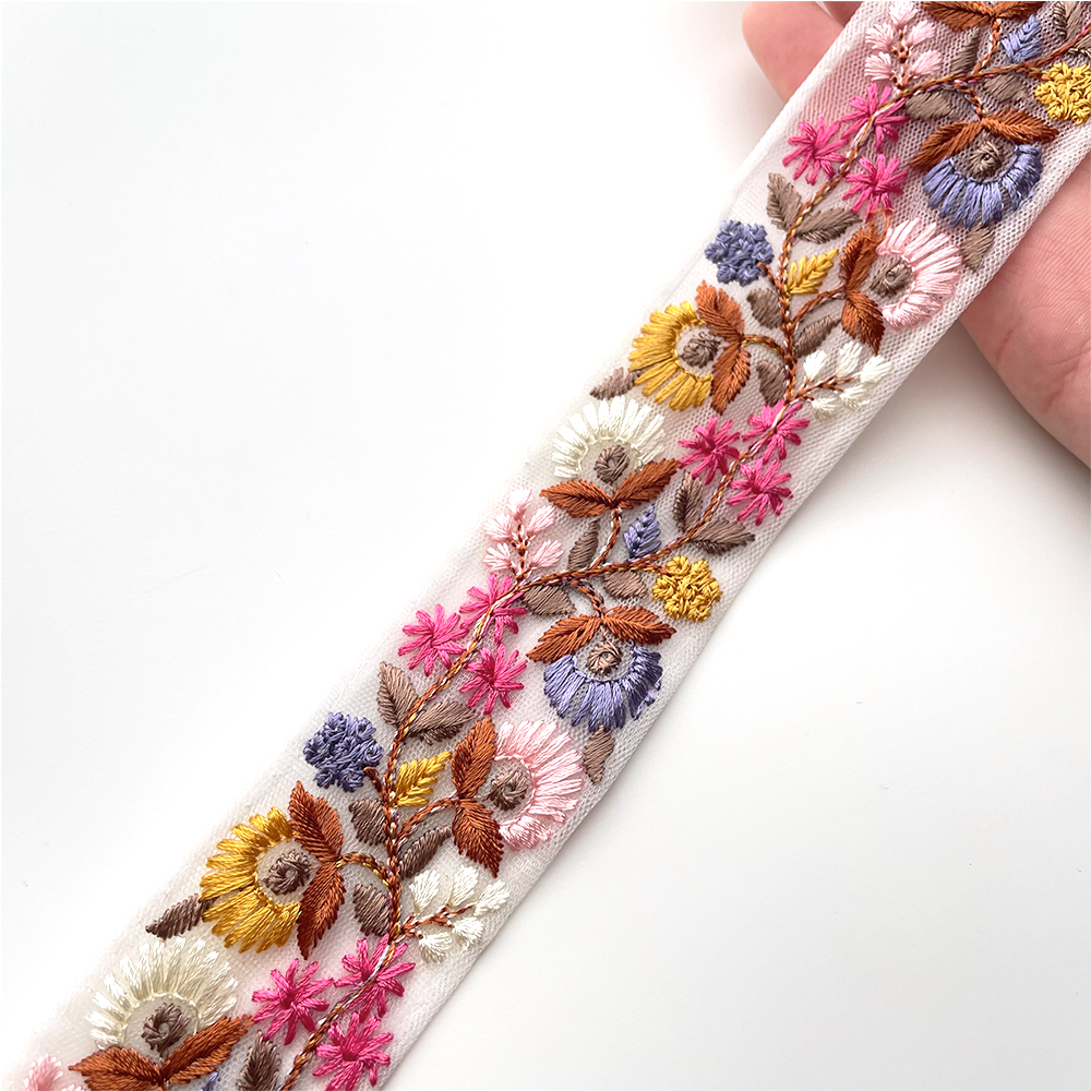 694 【 幅：4cm 】 インド刺繍リボン　ホワイト　チュール　ブルー　ピンク　イエロー