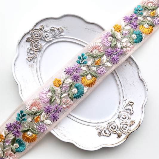 695 【 幅：4cm 】 インド刺繍リボン　ピンク　チュール　イエロー　グリーン　パープル