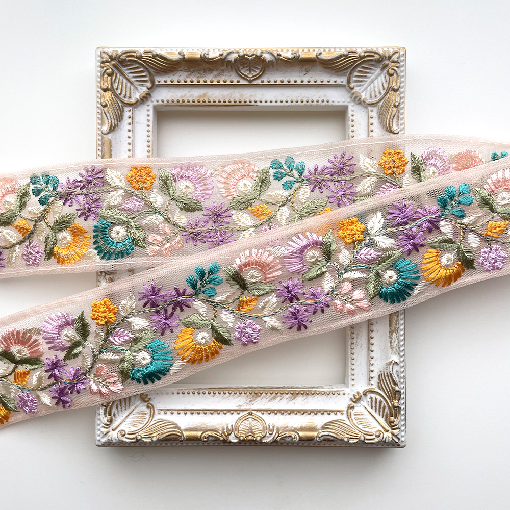 695 【 幅：4cm 】 インド刺繍リボン　ピンク　チュール　イエロー　グリーン　パープル