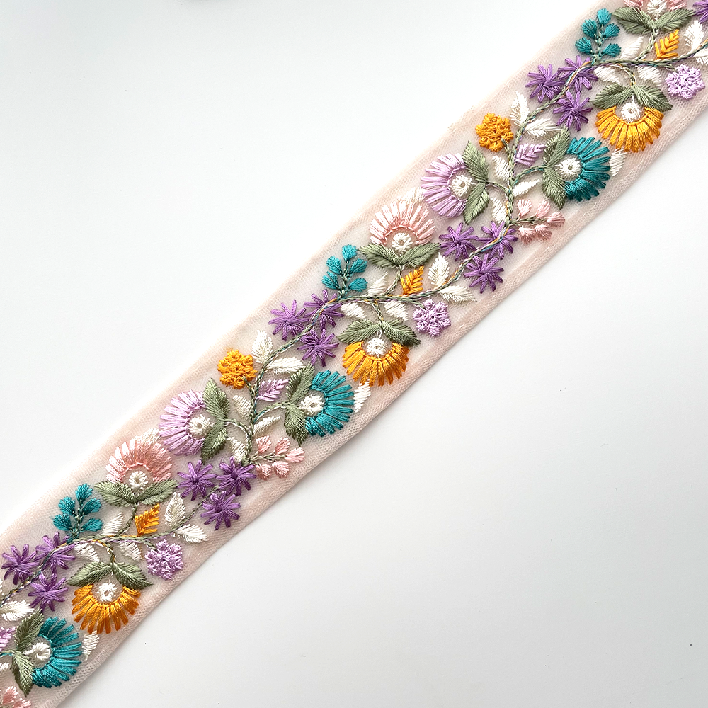 695 【 幅：4cm 】 インド刺繍リボン　ピンク　チュール　イエロー　グリーン　パープル