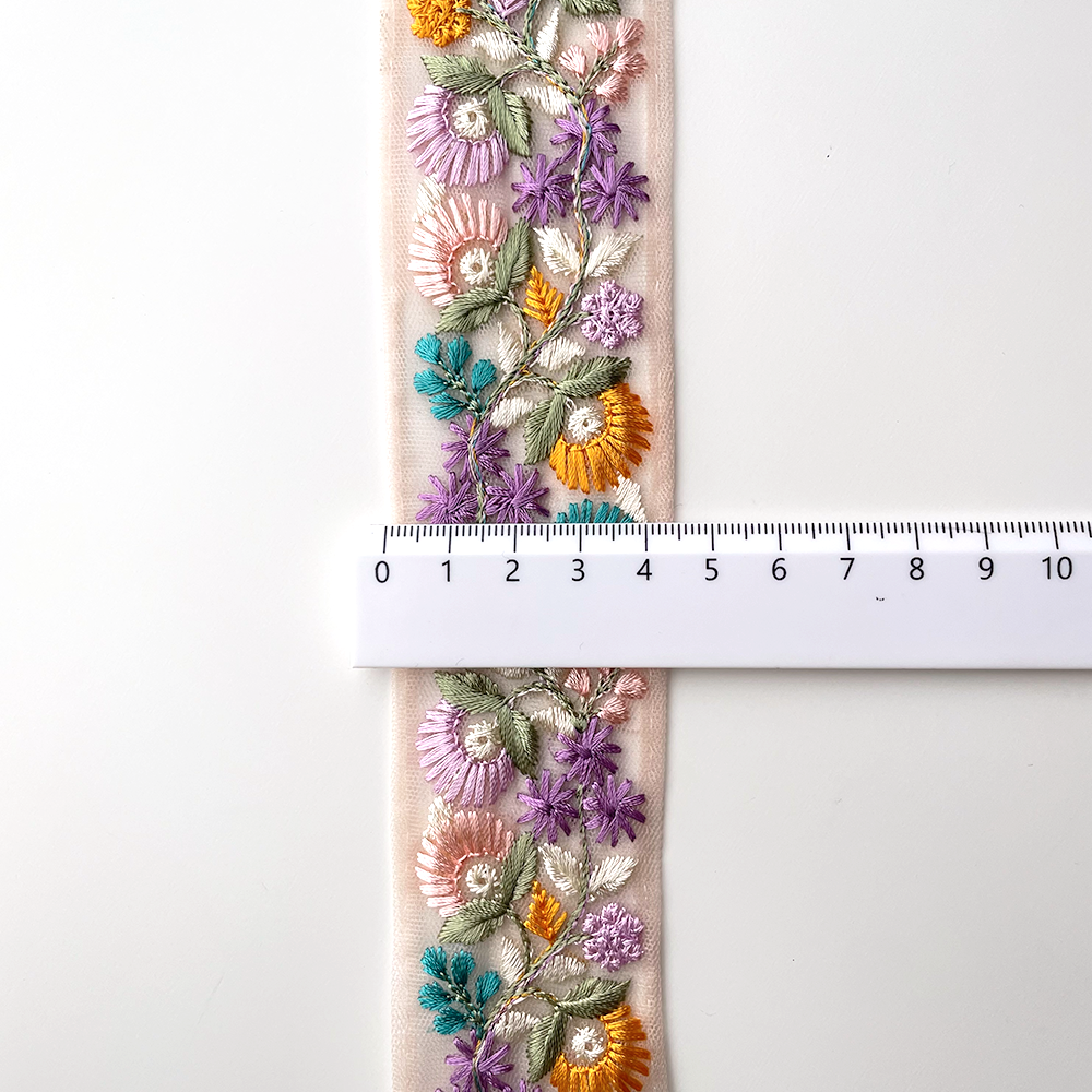 695 【 幅：4cm 】 インド刺繍リボン　ピンク　チュール　イエロー　グリーン　パープル