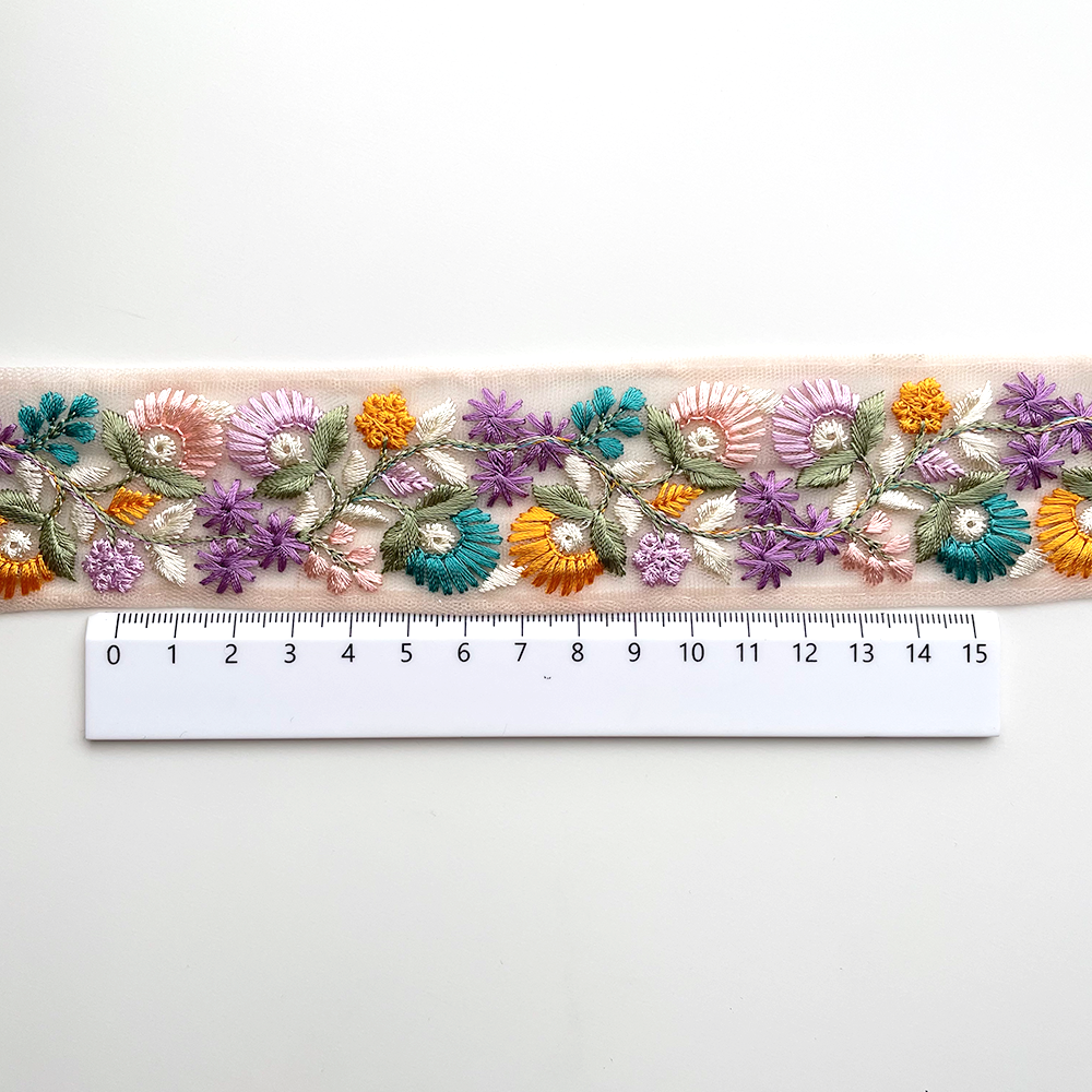 695 【 幅：4cm 】 インド刺繍リボン　ピンク　チュール　イエロー　グリーン　パープル
