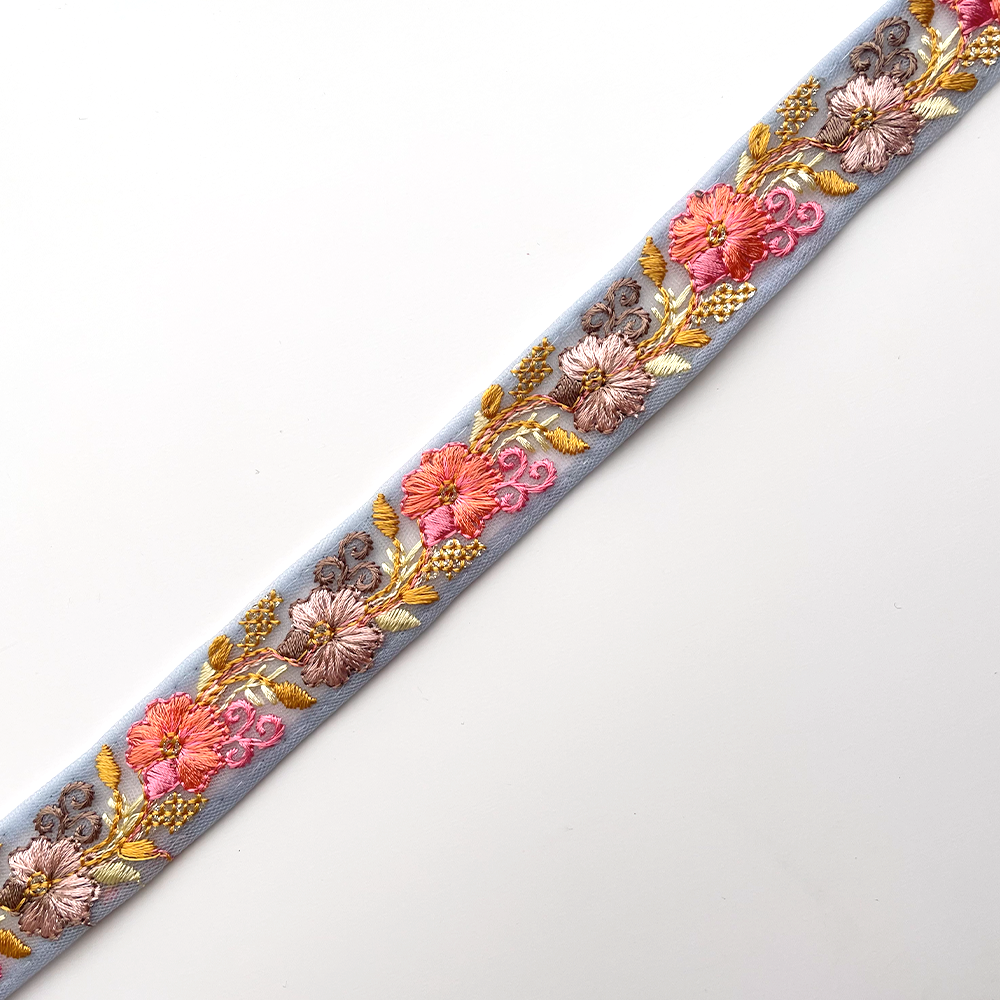 698 【 幅：2.5cm 】 インド刺繍リボン　ブルー　チュール　オレンジ　ベージュ