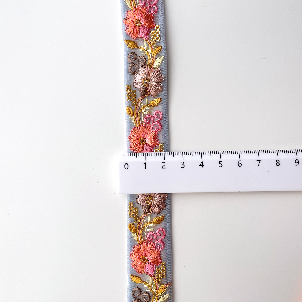 698 【 幅：2.5cm 】 インド刺繍リボン　ブルー　チュール　オレンジ　ベージュ