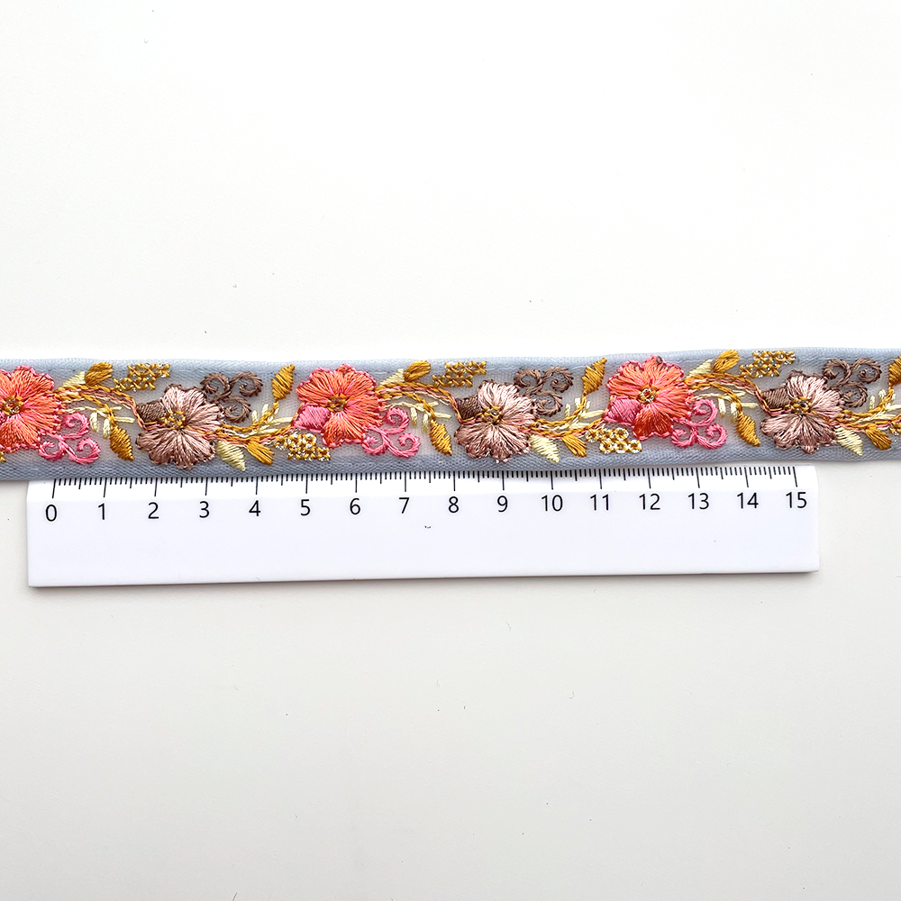 698 【 幅：2.5cm 】 インド刺繍リボン　ブルー　チュール　オレンジ　ベージュ