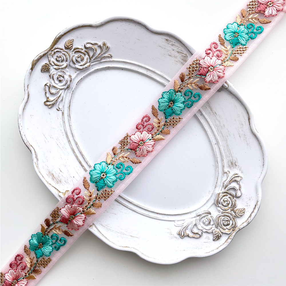 701 【 幅：2.5cm 】 インド刺繍リボン　ピンク　チュール　ブラウン　グリーン