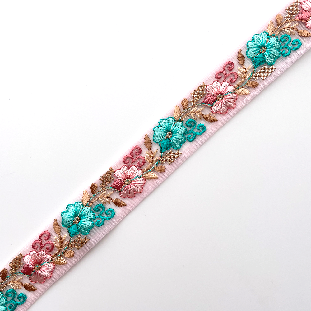 701 【 幅：2.5cm 】 インド刺繍リボン　ピンク　チュール　ブラウン　グリーン