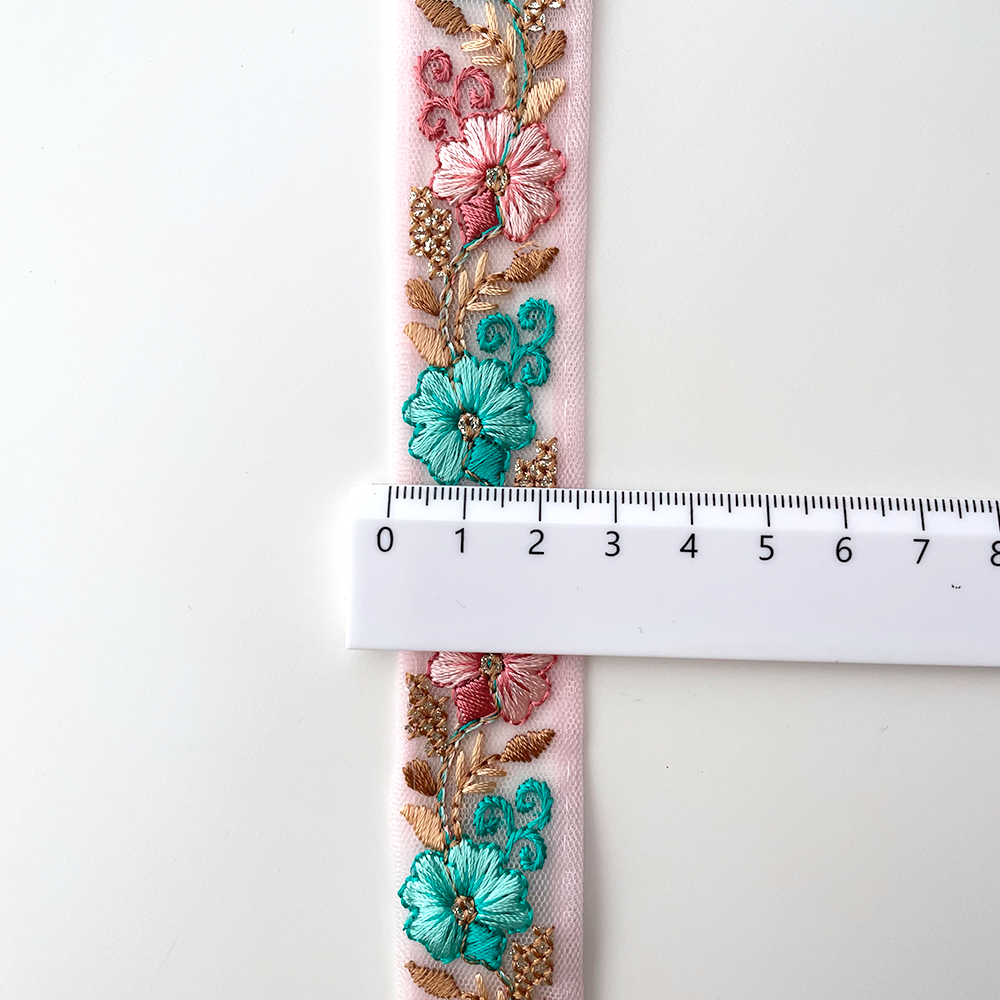 701 【 幅：2.5cm 】 インド刺繍リボン　ピンク　チュール　ブラウン　グリーン