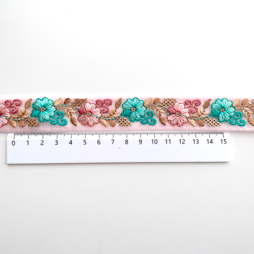 701 【 幅：2.5cm 】 インド刺繍リボン　ピンク　チュール　ブラウン　グリーン