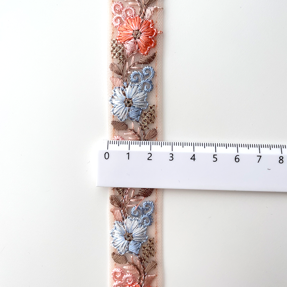 702 【 幅：2.5cm 】 インド刺繍リボン　クリーム　チュール　オレンジ　ブルー