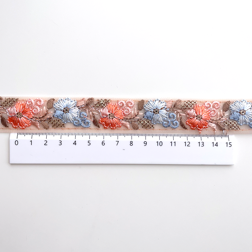 702 【 幅：2.5cm 】 インド刺繍リボン　クリーム　チュール　オレンジ　ブルー