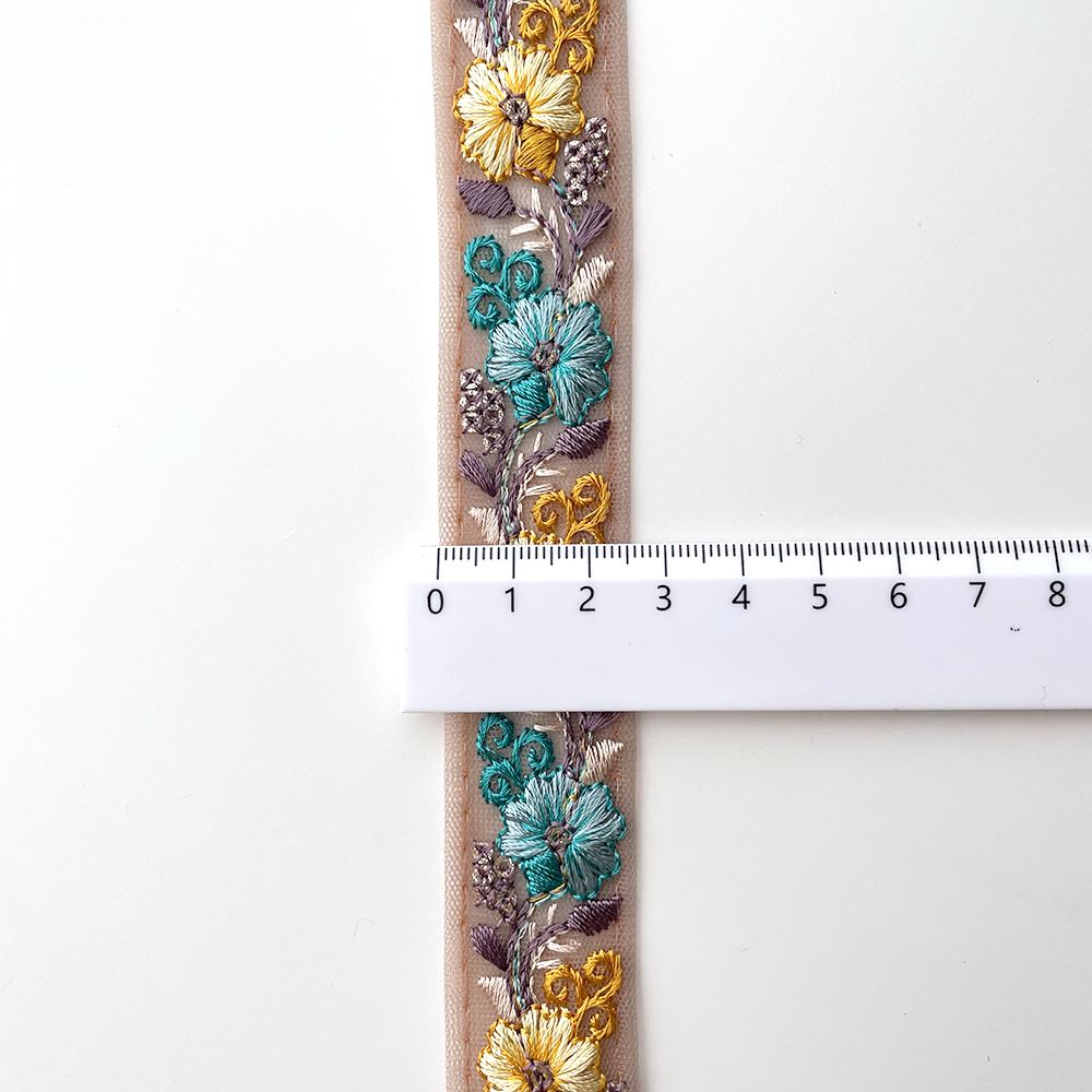704 【 幅：2.5cm 】 インド刺繍リボン　ブラウン　チュール　イエロー　グリーン