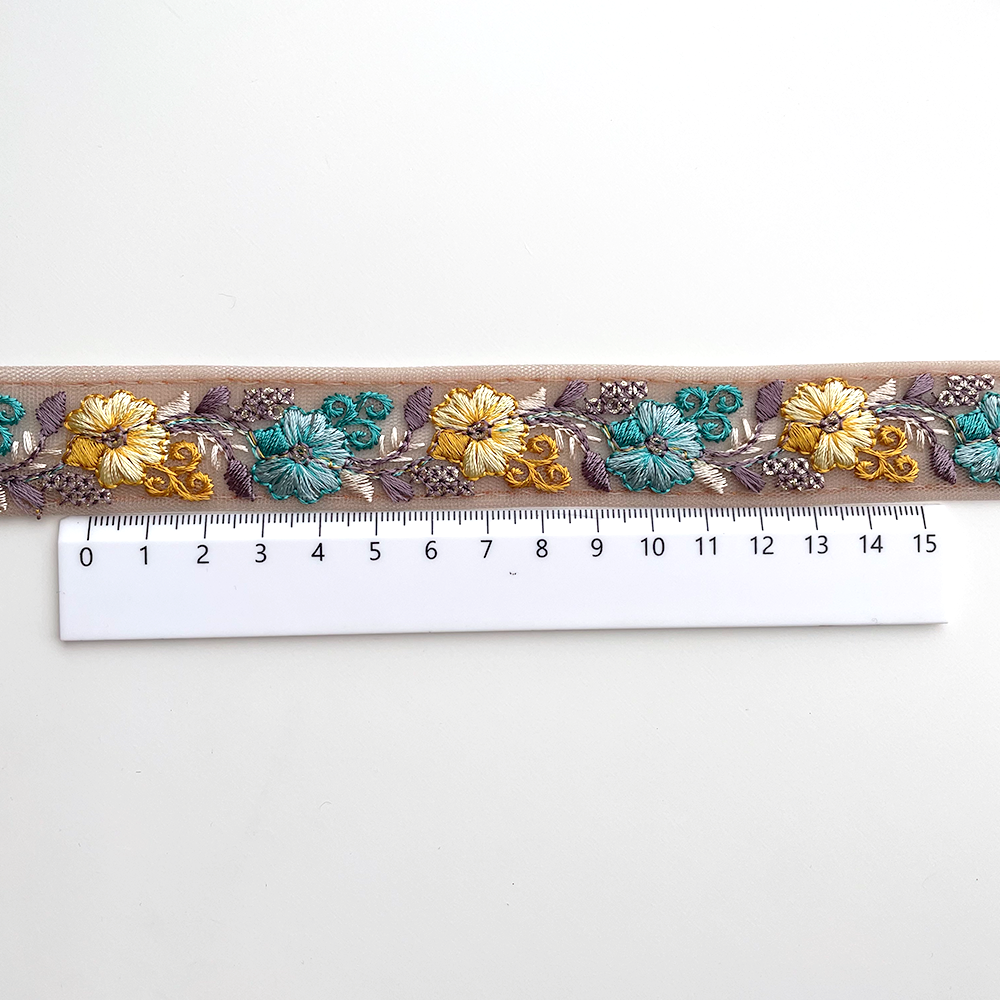 704 【 幅：2.5cm 】 インド刺繍リボン　ブラウン　チュール　イエロー　グリーン
