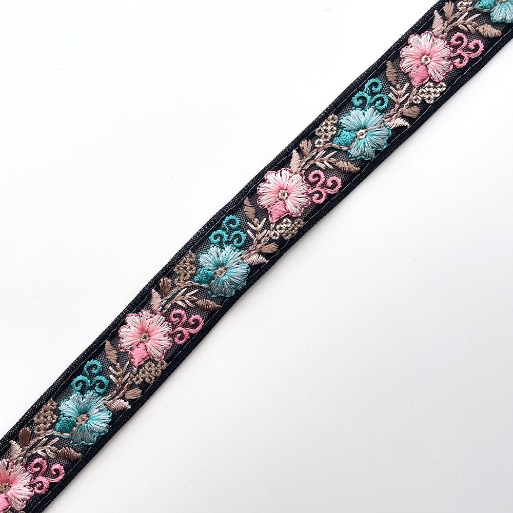 705 【 幅：2.5cm 】 インド刺繍リボン　ブラック　チュール　ピンク　ブルー