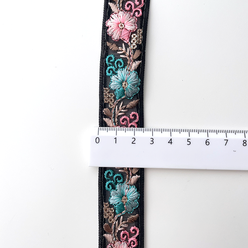 705 【 幅：2.5cm 】 インド刺繍リボン　ブラック　チュール　ピンク　ブルー