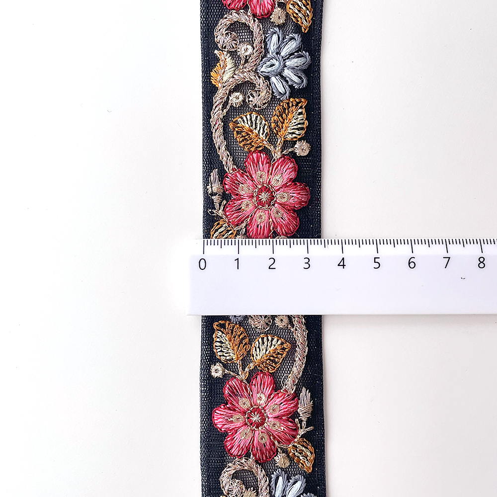 706 【 幅：3.5cm 】 インド刺繍リボン　ブラック　チュール　レッド　ブルー
