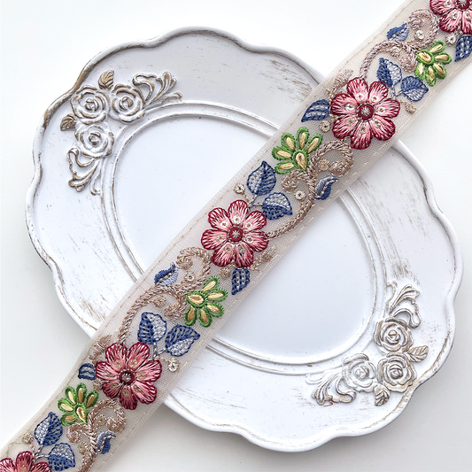 707 【 幅：3.5cm 】 インド刺繍リボン　ベージュ　チュール　レッド　ブルー