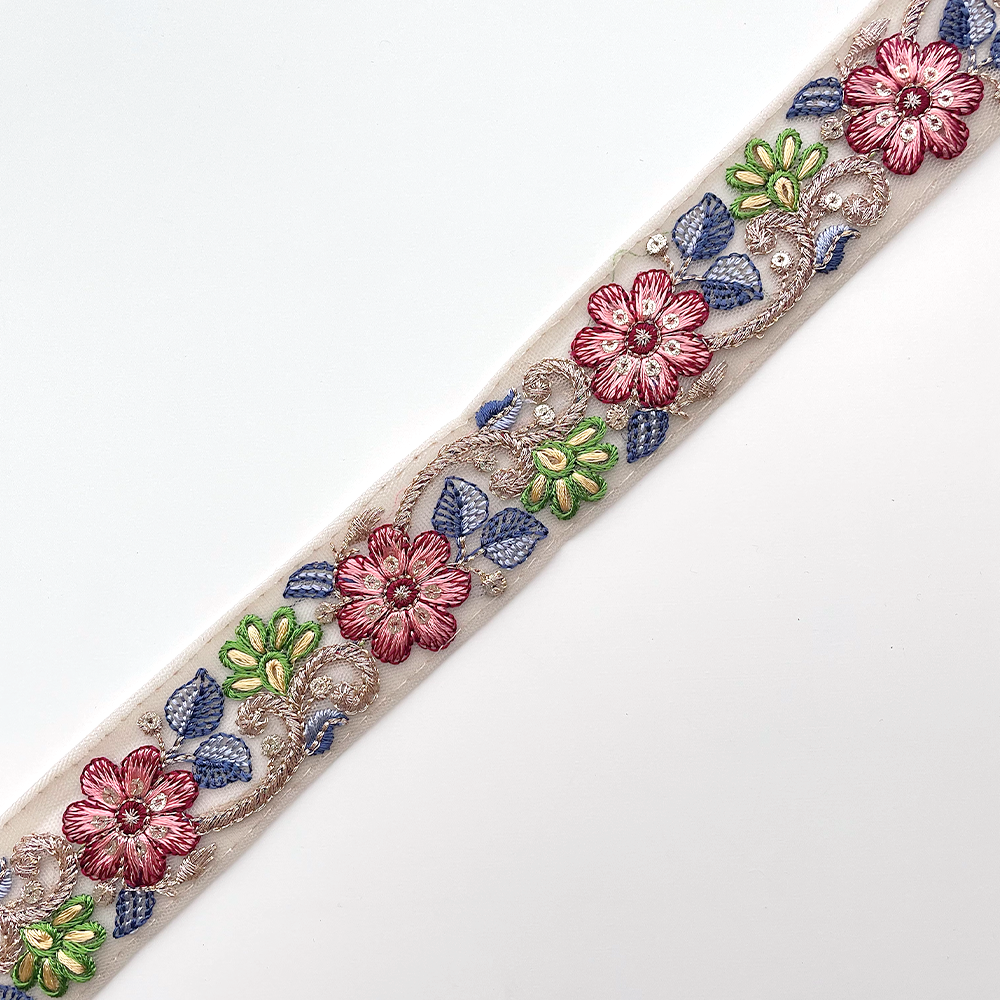 707 【 幅：3.5cm 】 インド刺繍リボン　ベージュ　チュール　レッド　ブルー