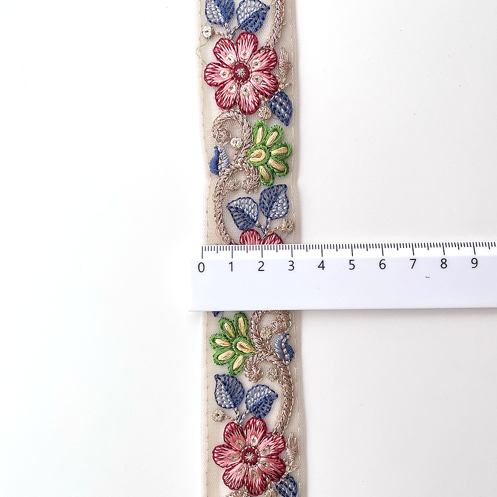 707 【 幅：3.5cm 】 インド刺繍リボン　ベージュ　チュール　レッド　ブルー