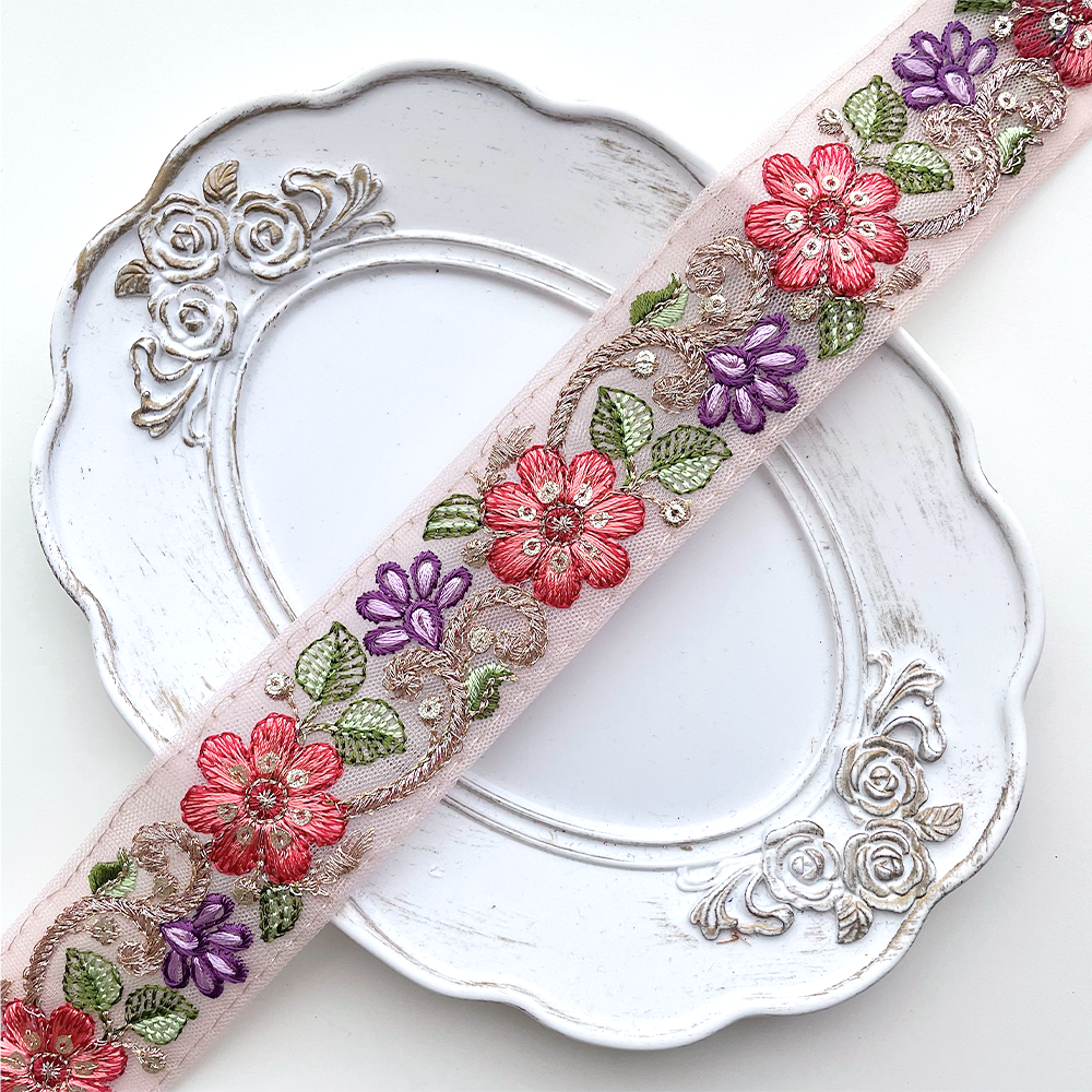 708 【 幅：3.5cm 】 インド刺繍リボン　ピンク　チュール　レッド　パープル