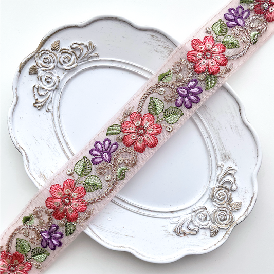 708 【 幅：3.5cm 】 インド刺繍リボン　ピンク　チュール　レッド　パープル