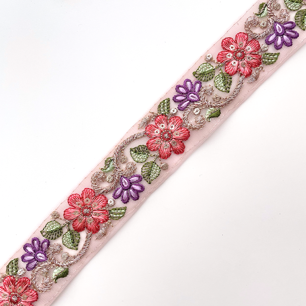 708 【 幅：3.5cm 】 インド刺繍リボン　ピンク　チュール　レッド　パープル